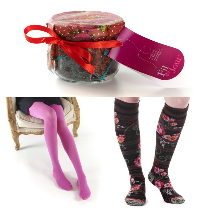 Mi-bas et collants dans un pot de confiture marque Fil de Jour Mi-bas et collants dans un pot de confiture marque Fil de Jour