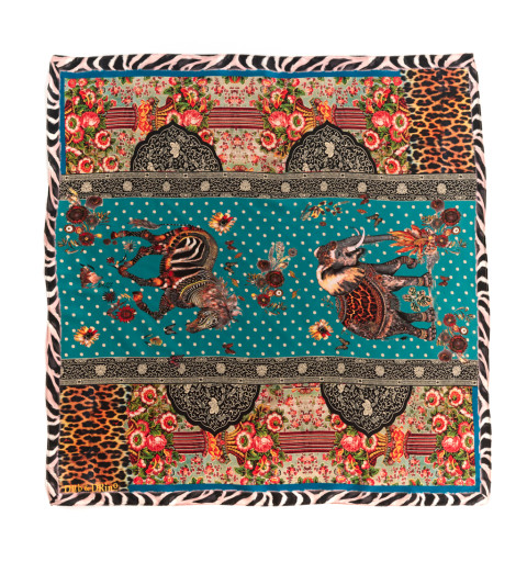 Foulard DUB & DRINO fond ocre et cyan, motifs zèbre et un éléphant, cadre zébré