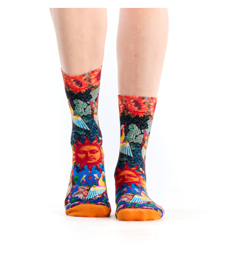Chaussettes multicolores, un chat et un oiseau dans un style japonais, et un talon décoré de tournesols et d'un soleil