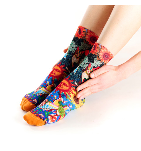 Chaussettes multicolores, un chat et un oiseau dans un style japonais, et un talon décoré de tournesols et d'un soleil