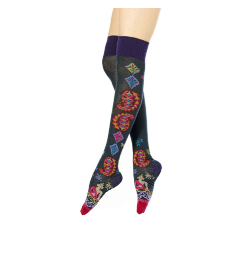 Jambières vertes avec bord-côte violet et motifs hindous colorés représentant Shiva.