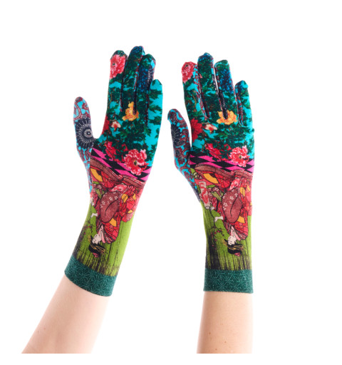 Gants imprimés bambou Geisha, Dub & Drino. Teintes vert/bleu, motifs floraux et illustration japonaise de Geisha.