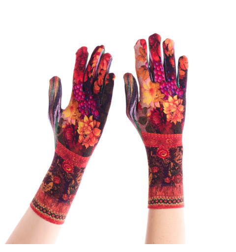 Gants imprimés bambou Dalhia, Dub & Drino. Tons rouges, motifs floraux vintage et raisins.