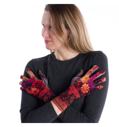 Gants imprimés bambou Dalhia, Dub & Drino. Tons rouges, motifs floraux vintage et raisins.