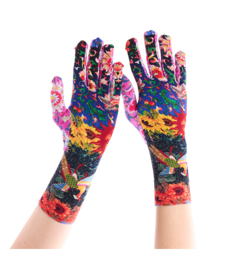 Gants imprimés bambou Soleil, Dub & Drino. Multicolores, avec tournesols, champs fleuris et soleil souriant.