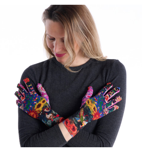 Gants imprimés bambou Soleil, Dub & Drino. Multicolores, avec tournesols, champs fleuris et soleil souriant.