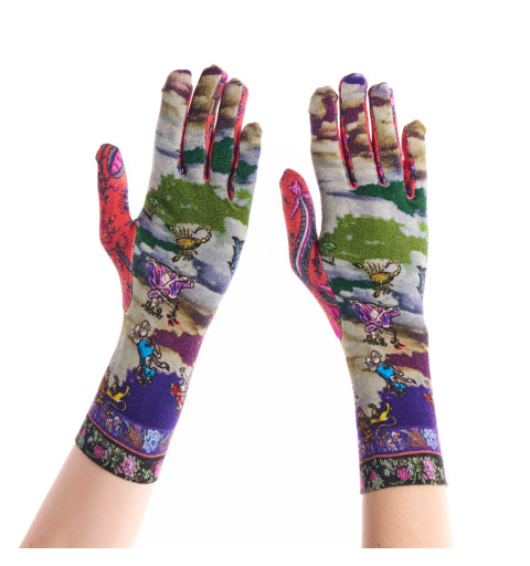 Gants imprimés bambou Gaïa, Dub & Drino. Tons violet et gris avec motifs enluminure et bord-côte fleuri noir.