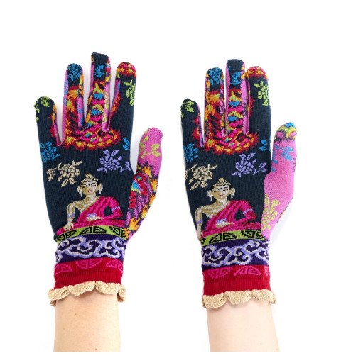 Gants femme Nirvana, Dub & Drino. Bleus et roses avec motifs hindous et Shiva en lotus.