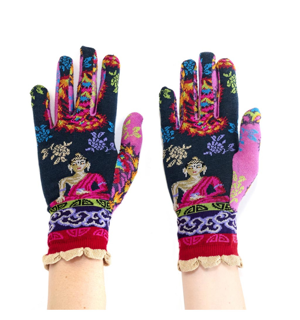 Gants femme Nirvana, Dub & Drino. Bleus et roses avec motifs hindous et Shiva en lotus.