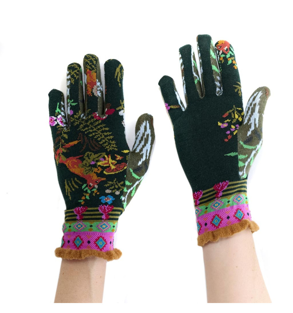 Gants femme Silva, Dub & Drino. Noirs, ornés d'animaux et de plantes de la forêt, avec une bande rose et verte au poignet.