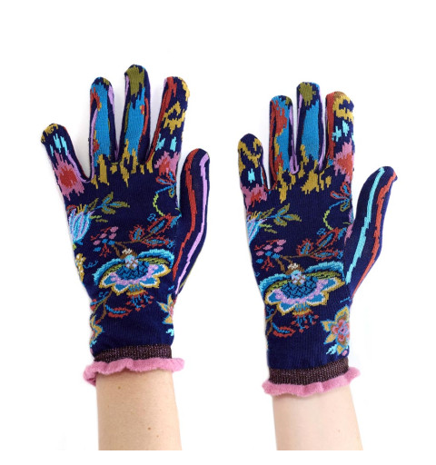 Gants femme Grenade, Dub & Drino. Marine et bleus avec des motifs géométriques stylisés de plantes et de fleurs.