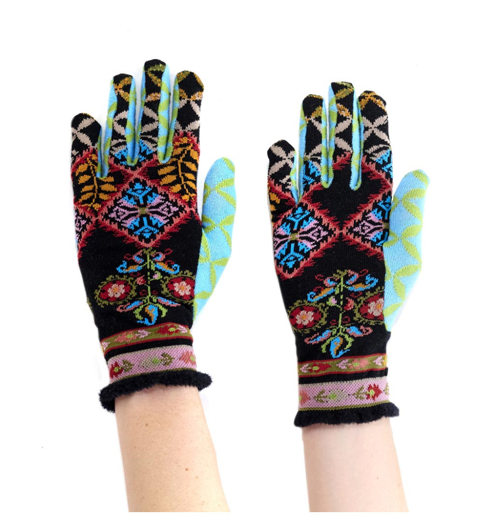 Gants femme Atlas, Dub & Drino. Noir avec des motifs colorés inspirés des motifs traditionnels berbères.