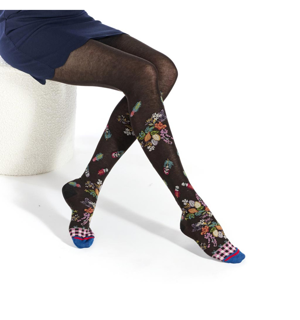 Collants Mangrove, Fil de Jour. Marrons avec des motifs de plantes de mangrove, pointe bleue.