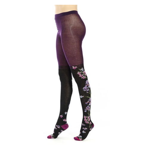Collants Iridis, Fil de Jour. Marron avec des fleurs violettes et roses, pointe mauve.