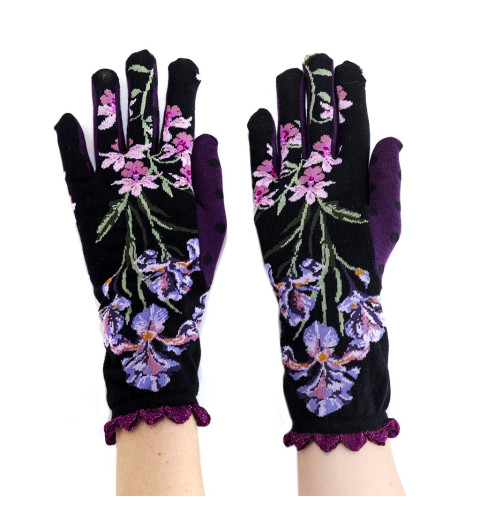 Gants Iridis, Fil de Jour. Noirs, fleurs violettes et roses, pouce violet, bord-côte festonné mauve.
