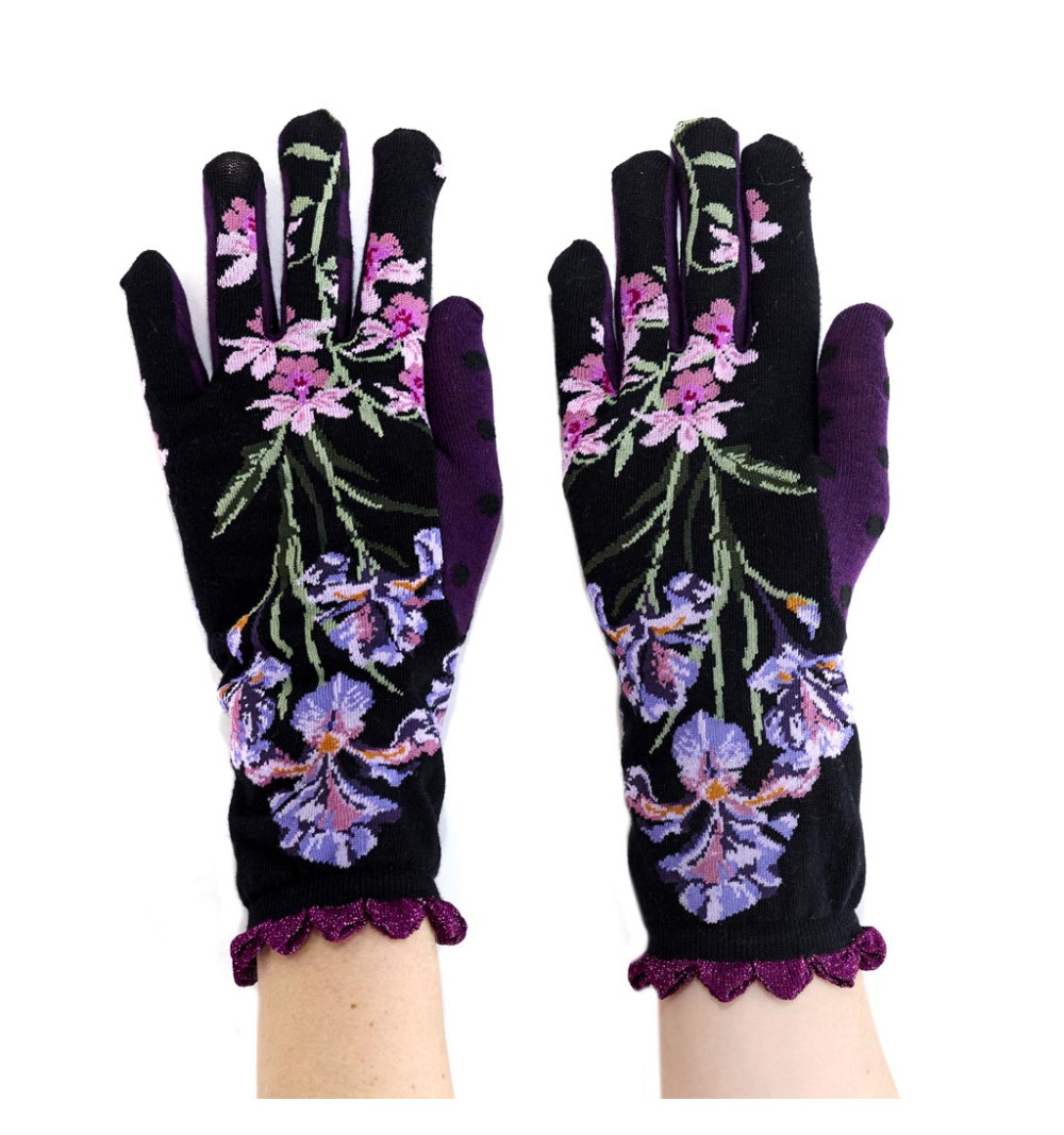 Gants Iridis, Fil de Jour. Noirs, fleurs violettes et roses, pouce violet, bord-côte festonné mauve.
