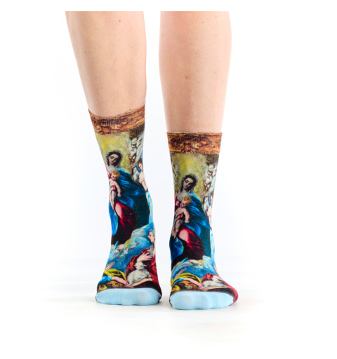 Chaussettes Vierge à l’Enfant, Ruban Rouge. Design inspiré de l’œuvre d’El Greco.