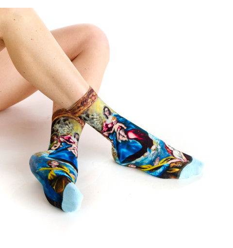 Chaussettes Vierge à l’Enfant, Ruban Rouge. Design inspiré de l’œuvre d’El Greco.