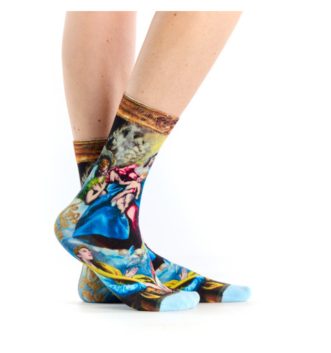 Chaussettes Vierge à l’Enfant, Ruban Rouge. Design inspiré de l’œuvre d’El Greco.