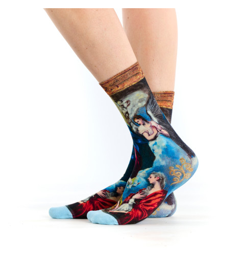 Chaussettes Vierge à l’Enfant, Ruban Rouge. Design inspiré de l’œuvre d’El Greco.