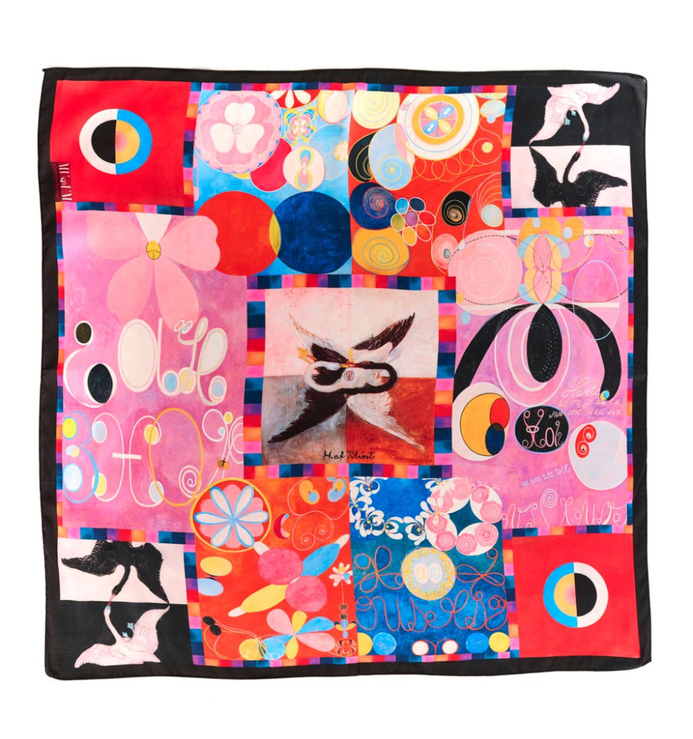 Foulard Les Dix Plus Grands, collection Museum, mettant en scène une composition vibrante inspirée de l’œuvre de Hilma af Klint