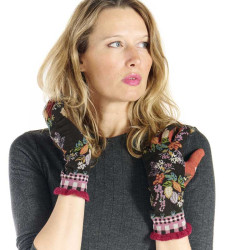 Gants Mangrove, Fil de Jour. Noirs, pouce orange, bord-côte bordeaux, motifs floraux tropicaux.