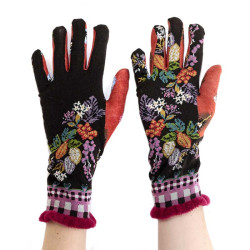 Gants Mangrove, Fil de Jour. Noirs, pouce orange, bord-côte bordeaux, motifs floraux tropicaux.