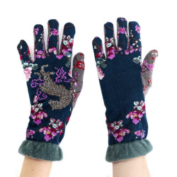 Gants Prunus Serrulata, Fil de Jour. Marine, fleurs roses et mauves, jaguar, bord-côte en fil chenille vert d’eau.