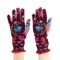 Gants Bloom, Fil de Jour. Bordeaux, fleurs colorées, pouce vieux rose, bord-côte en fil chenille rouge.
