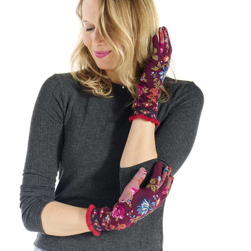 Gants Bloom, Fil de Jour. Bordeaux, fleurs colorées, pouce vieux rose, bord-côte en fil chenille rouge.