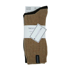 Pack de chaussettes homme en laine recyclée – Modèles camel et marron sous emballage THESOCKAKER