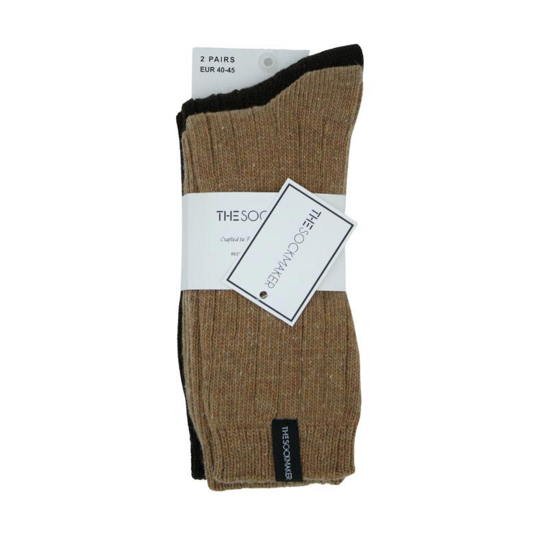 Pack de chaussettes homme en laine recyclée – Modèles camel et marron sous emballage THESOCKAKER