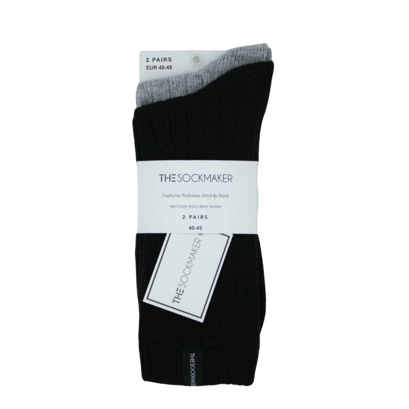 Pack de 2 chaussettes homme écoresponsables – laine recyclée noir et gris, présentées sous packaging