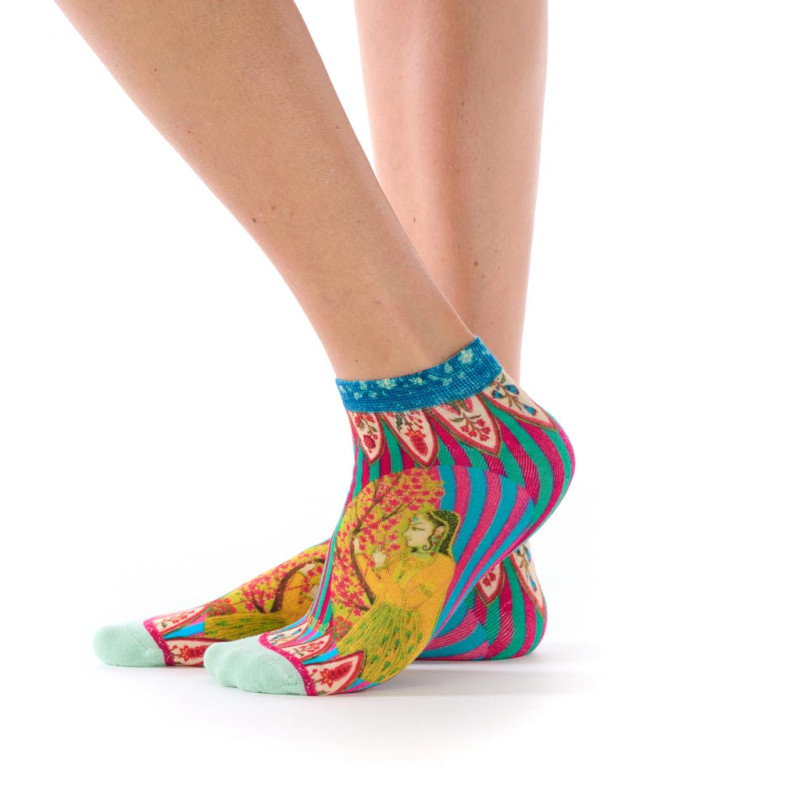 Socquettes Dub & Drino Floraison à motif femme et fleurs, tons vert, rose et jaune