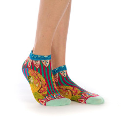 Socquettes Dub & Drino Floraison à motif femme et fleurs, tons vert, rose et jaune.