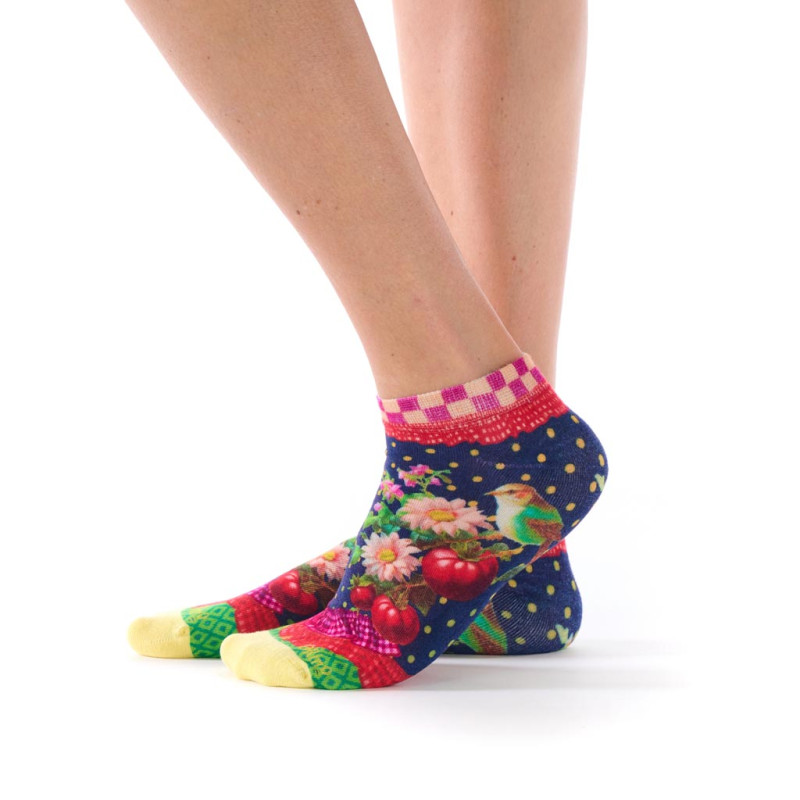 Socquettes ultra-courtes femme Dub & Drino Solanacée bleu marine motif fleurs fruits oiseau