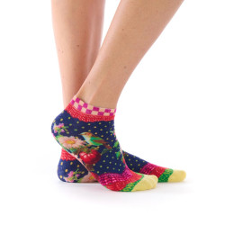 Socquettes ultra-courtes femme Dub & Drino Solanacée bleu marine motif fleurs fruits oiseau