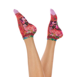 Socquettes ultra-courtes femme Dub & Drino Lhassa rose motif floral bandes rouges