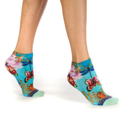 Socquettes ultra-courtes femme Dub & Drino Libellula turquoise motif libellules papillons fleurs