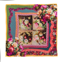 Foulard femme Dub & Drino Solanacée rose vert motif fleurs fruits oiseaux