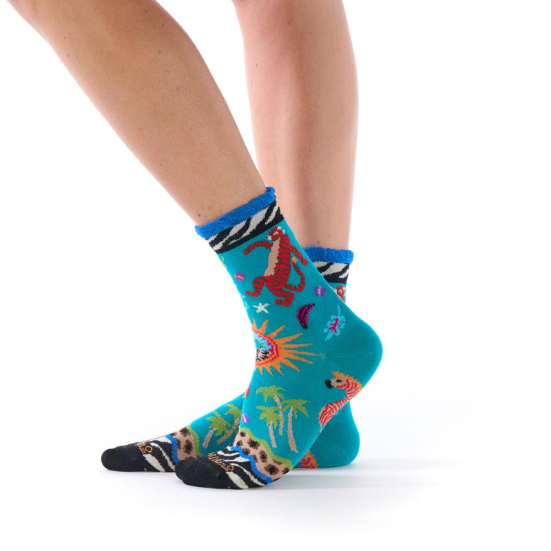 Chaussettes femme Dub & Drino Safari turquoise motif animaux tropicaux tigre palmiers