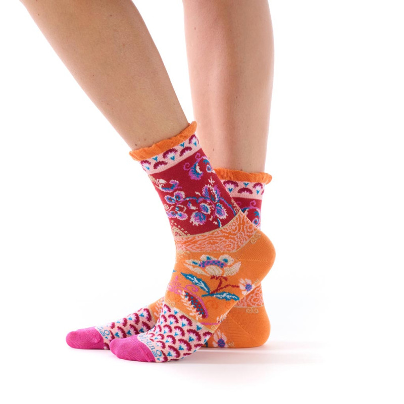 Chaussettes femme Dub & Drino Provence rouge orange motif floral et oiseau