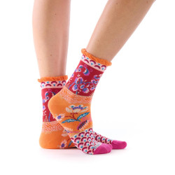 Chaussettes femme Dub & Drino Provence rouge orange motif floral et oiseau