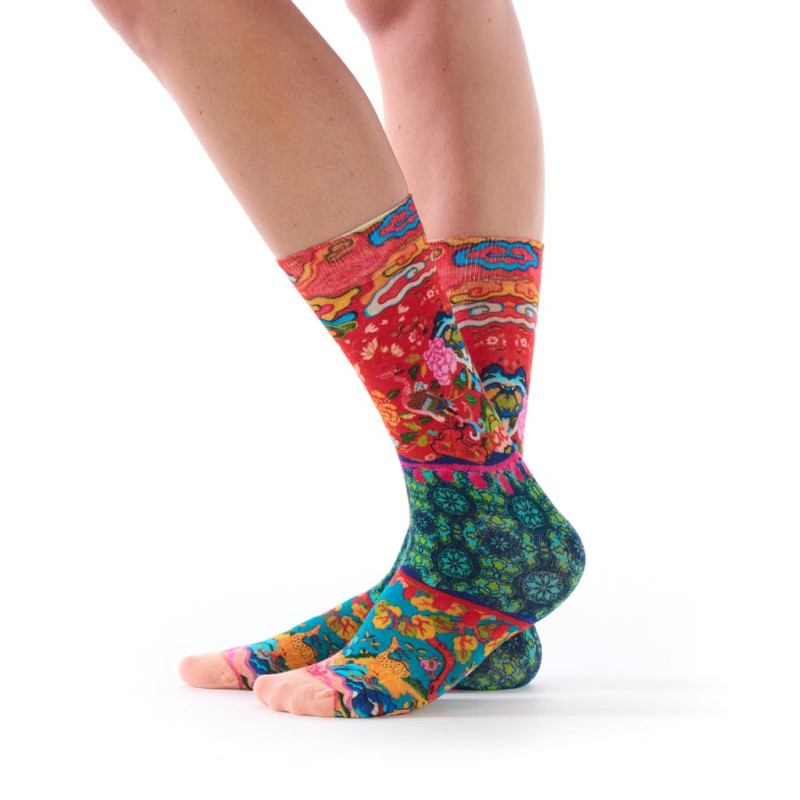 Dub & Drino Estampe bambou rouge corail motifs nuages et fleurs