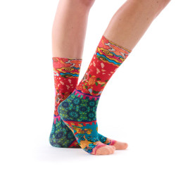 Dub & Drino Estampe bambou rouge corail motifs nuages et fleurs