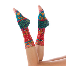 Dub & Drino Estampe bambou rouge corail motifs nuages et fleurs