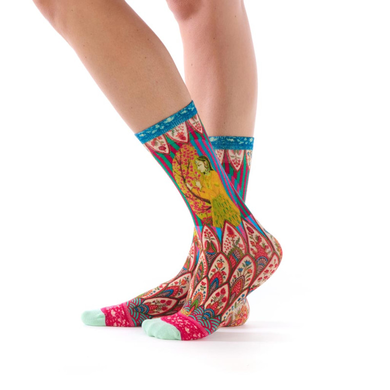 Chaussettes imprimées Dub & Drino Floraison bambou vert rose motif femme et fleurs