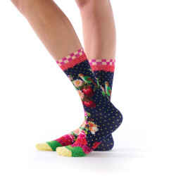 Chaussettes imprimées bambou Dub & Drino Solanacée bleu marine fleurs tomates oiseau pois verts