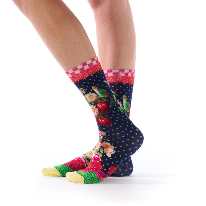 Chaussettes imprimées bambou Dub & Drino Solanacée bleu marine fleurs tomates oiseau pois verts
