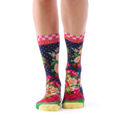 Chaussettes imprimées bambou Dub & Drino Solanacée bleu marine fleurs tomates oiseau pois verts